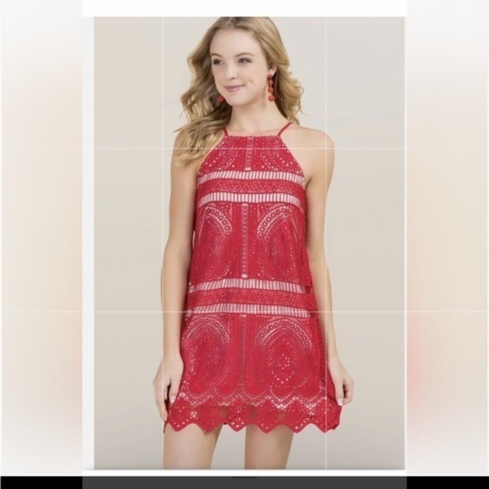 Francesca’s Red lace dress. Sleeveless. Halter style. Size large.